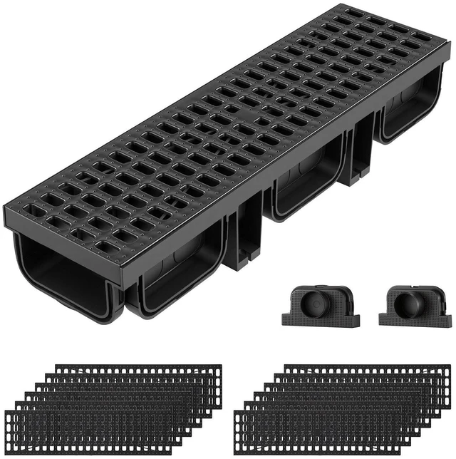 Main image of VEVOR Trench Drain, 20.1 x 5.5 x 3.5 in, 12 Pack Linear Drainage Channel, HDPE Channel Drain with Grates & End Caps, Premium Outdoor Drainage System for Driveway, Patio, Pool, Garden, Yard, Black