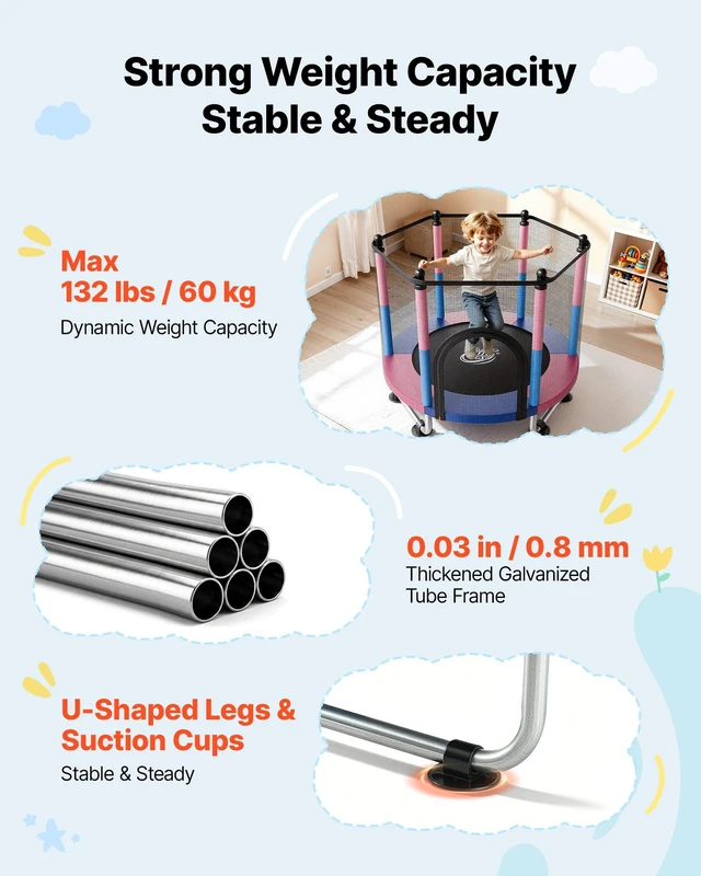 Alt view image 2 of 8 - VEVOR 55" Trampoline for Kids, 4.6 FT Toddler Mini Trampoline, 132 lbs Capacity Indoor Outdoor Play Toys with Enclosure Net, Swing, and Basketball Hoop, Christmas Toys Birthday Gifts for Girls Boys