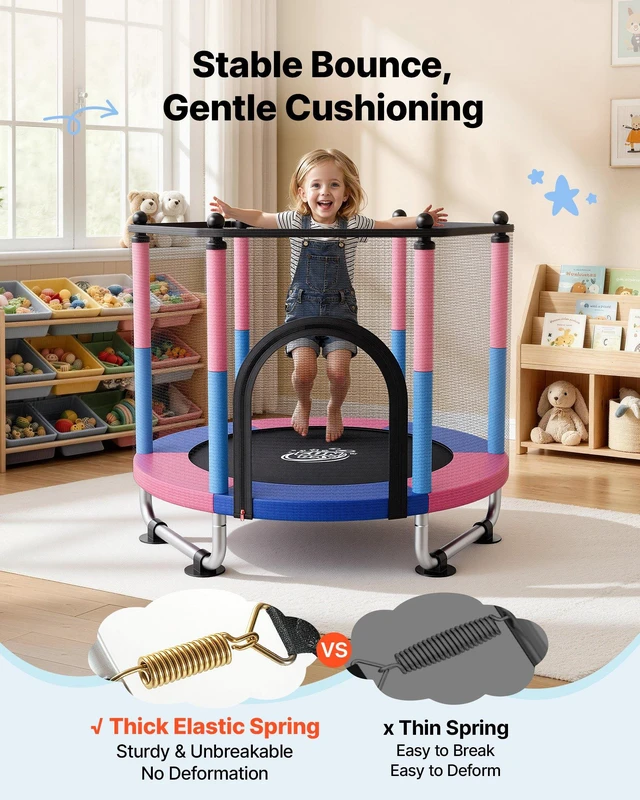 Alt view image 3 of 8 - VEVOR 55" Trampoline for Kids, 4.6 FT Toddler Mini Trampoline, 132 lbs Capacity Indoor Outdoor Play Toys with Enclosure Net, Swing, and Basketball Hoop, Christmas Toys Birthday Gifts for Girls Boys