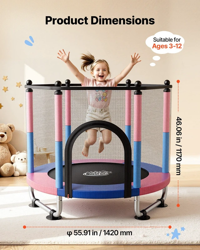 Alt view image 5 of 8 - VEVOR 55" Trampoline for Kids, 4.6 FT Toddler Mini Trampoline, 132 lbs Capacity Indoor Outdoor Play Toys with Enclosure Net, Swing, and Basketball Hoop, Christmas Toys Birthday Gifts for Girls Boys