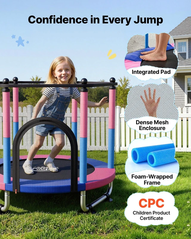 Alt view image 4 of 8 - VEVOR 55" Trampoline for Kids, 4.6 FT Toddler Mini Trampoline, 132 lbs Capacity Indoor Outdoor Play Toys with Enclosure Net, Swing, and Basketball Hoop, Christmas Toys Birthday Gifts for Girls Boys