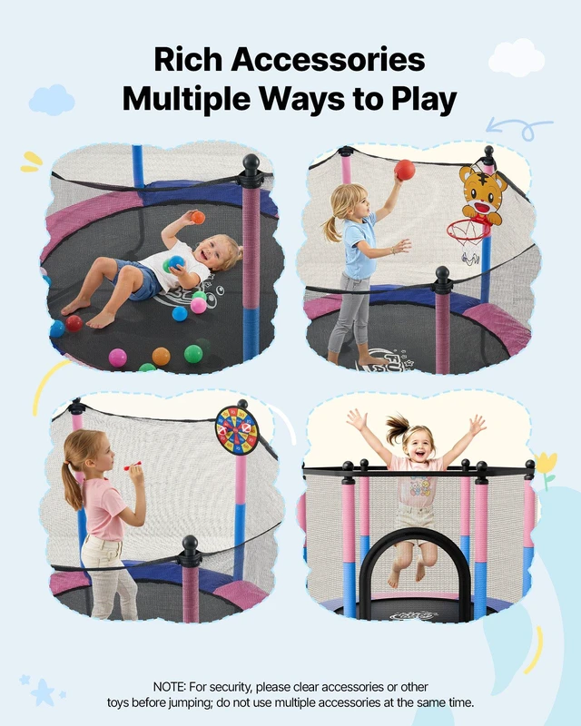 Alt view image 6 of 8 - VEVOR 55" Trampoline for Kids, 4.6 FT Toddler Mini Trampoline, 132 lbs Capacity Indoor Outdoor Play Toys with Enclosure Net, Swing, and Basketball Hoop, Christmas Toys Birthday Gifts for Girls Boys