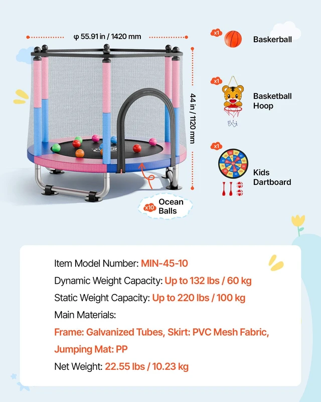 Alt view image 7 of 8 - VEVOR 55" Trampoline for Kids, 4.6 FT Toddler Mini Trampoline, 132 lbs Capacity Indoor Outdoor Play Toys with Enclosure Net, Swing, and Basketball Hoop, Christmas Toys Birthday Gifts for Girls Boys