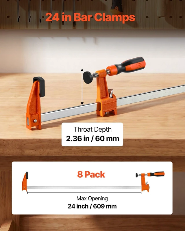Alt view image 2 of 8 - VEVOR Bar Clamps for Woodworking, 8-Pack, 24" Opening F Clamps, 600 lbs Load Limit, with Plastic Pad and Self-Locking Design, Premium Cast Iron and Carbon Steel, for Wood Working and Metal Working