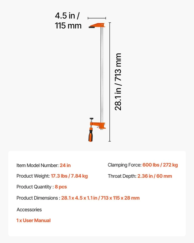Alt view image 7 of 8 - VEVOR Bar Clamps for Woodworking, 8-Pack, 24" Opening F Clamps, 600 lbs Load Limit, with Plastic Pad and Self-Locking Design, Premium Cast Iron and Carbon Steel, for Wood Working and Metal Working