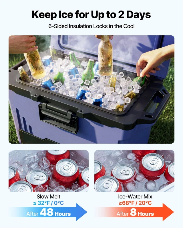 Alt view image 5 of 8 - VEVOR Hard Cooler, 50QT Portable Cooler, Leak-Resistant Coolbox Keeps Contents Cool for 48 Hours, Insulated Chests with Ice Retention and Heavy-Duty Handle, Ultra-Light for Camping, Concerts, Sports