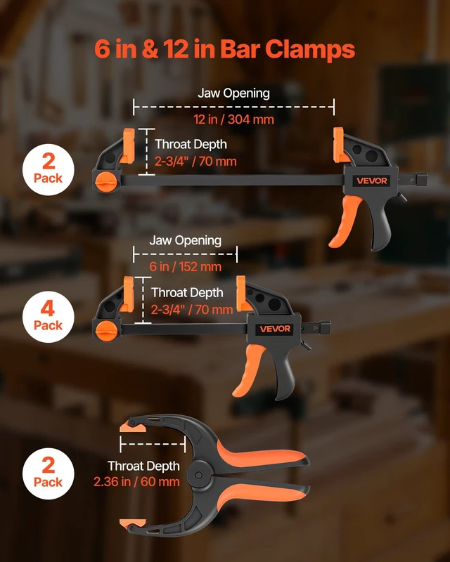 Alt view image 2 of 8 - VEVOR Bar Clamps for Woodworking, 8-Pack, 6" and 12", with Spring Clamps, One-Handed Clamp/Spreader, 154 lbs Load Limit, Quick Release, Self-Locking Design, for Wood Working and Metal Working