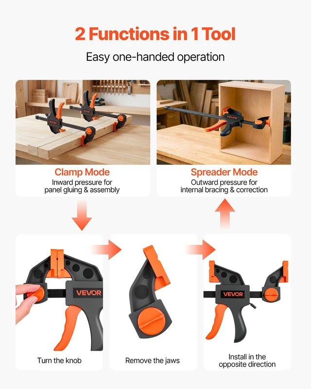 Alt view image 3 of 8 - VEVOR Bar Clamps for Woodworking, 8-Pack, 6" and 12", with Spring Clamps, One-Handed Clamp/Spreader, 154 lbs Load Limit, Quick Release, Self-Locking Design, for Wood Working and Metal Working