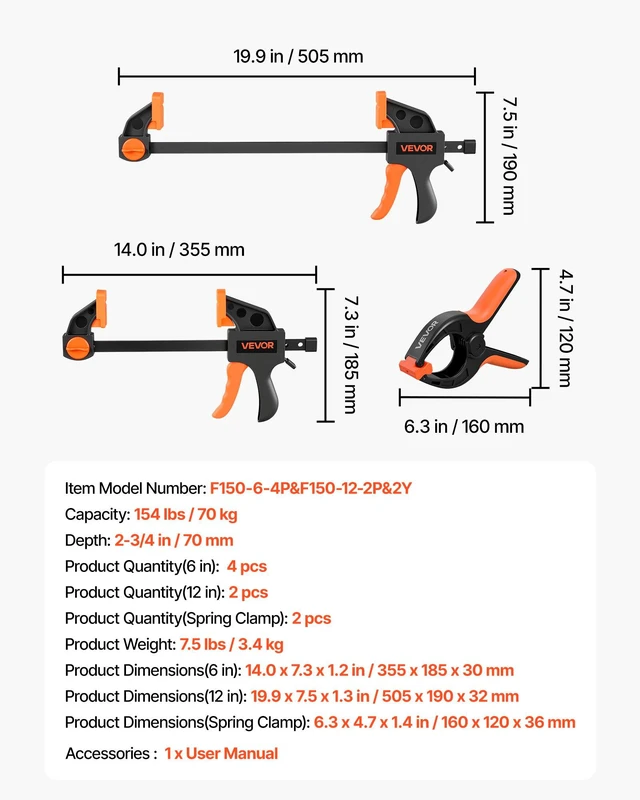 Alt view image 7 of 8 - VEVOR Bar Clamps for Woodworking, 8-Pack, 6" and 12", with Spring Clamps, One-Handed Clamp/Spreader, 154 lbs Load Limit, Quick Release, Self-Locking Design, for Wood Working and Metal Working