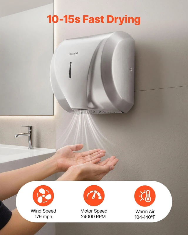 Alt view image 2 of 8 - VEVOR Hand Dryer, 1800W Bathroom Air Hand Dryer, Automatic High Speed with HEPA Filter, Fast Drying, Heavy Duty Brushed Stainless Steel, AC110-120V Commercial Wall Mounted for Restroom, Hotel, Office