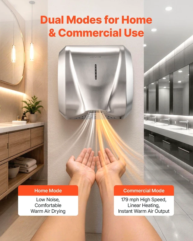 Alt view image 4 of 8 - VEVOR Hand Dryer, 1800W Bathroom Air Hand Dryer, Automatic High Speed with HEPA Filter, Fast Drying, Heavy Duty Brushed Stainless Steel, AC110-120V Commercial Wall Mounted for Restroom, Hotel, Office