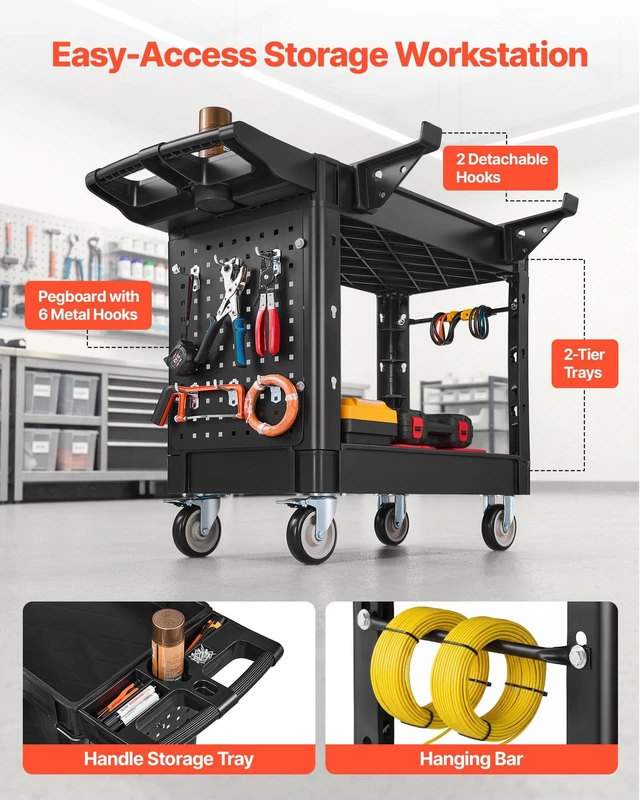 Alt view image 3 of 8 - VEVOR Utility Cart, 550 lbs Capacity, 2 Tier Service Cart with 360° Swivel & Fixed Wheels (2 with Brakes), Heavy Duty Plastic Rolling with Tray and Pegboard, Tool Storage for Garage Warehouse Workshop