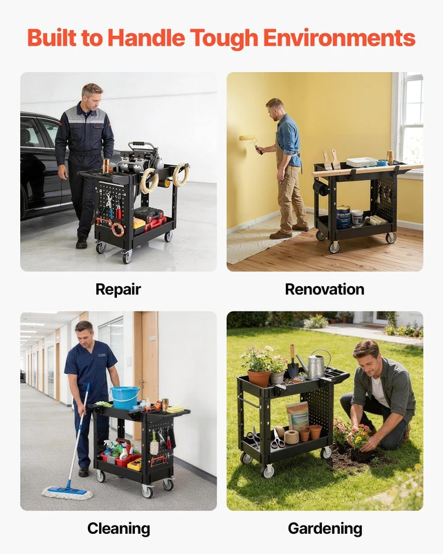 Alt view image 5 of 8 - VEVOR Utility Cart, 550 lbs Capacity, 2 Tier Service Cart with 360° Swivel & Fixed Wheels (2 with Brakes), Heavy Duty Plastic Rolling with Tray and Pegboard, Tool Storage for Garage Warehouse Workshop