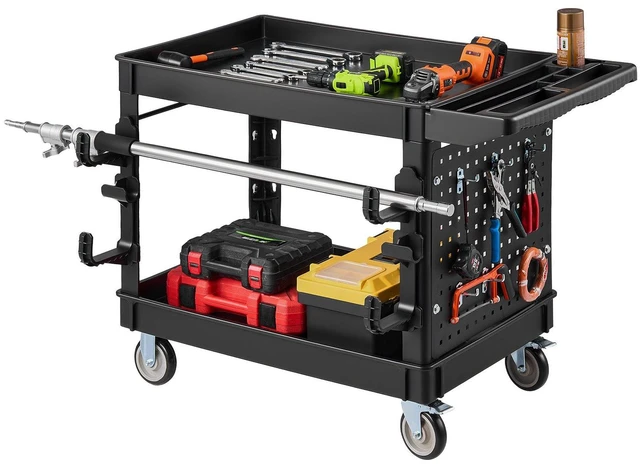Main image of VEVOR Utility Cart, 550 lbs Capacity, 2 Tier Service Cart with 360° Swivel & Fixed Wheels (2 with Brakes), Heavy Duty Plastic Rolling with Tray and Pegboard, Tool Storage for Garage Warehouse, Black
