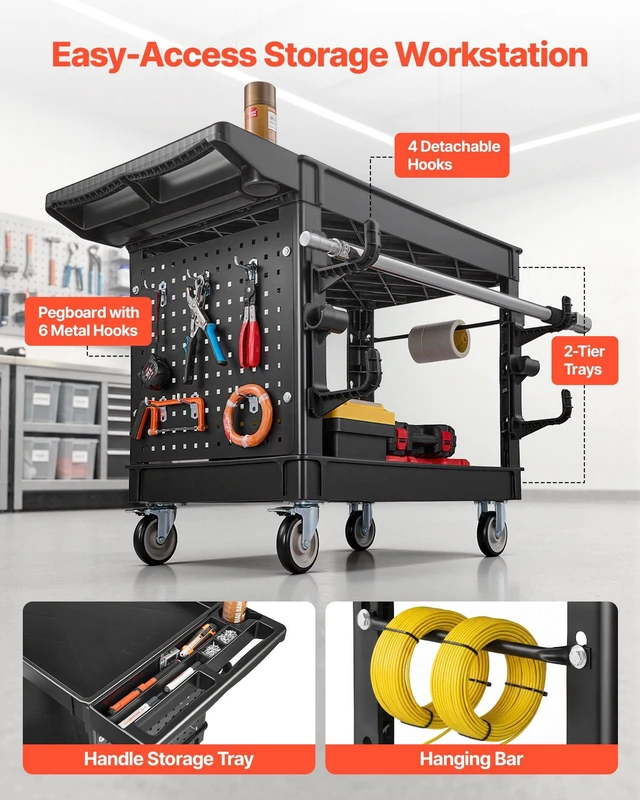 Alt view image 3 of 8 - VEVOR Utility Cart, 550 lbs Capacity, 2 Tier Service Cart with 360° Swivel & Fixed Wheels (2 with Brakes), Heavy Duty Plastic Rolling with Tray and Pegboard, Tool Storage for Garage Warehouse, Black