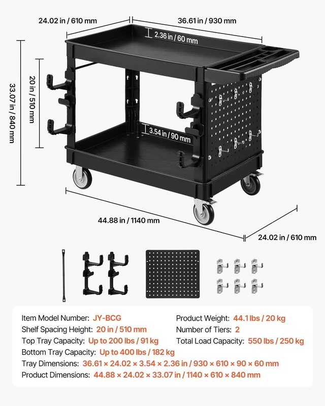 Alt view image 7 of 8 - VEVOR Utility Cart, 550 lbs Capacity, 2 Tier Service Cart with 360° Swivel & Fixed Wheels (2 with Brakes), Heavy Duty Plastic Rolling with Tray and Pegboard, Tool Storage for Garage Warehouse, Black