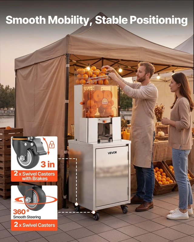 Alt view image 4 of 8 - VEVOR Movable Base Cabinet for Orange Juicer, Thickened Stainless Steel, 4 Swivel Casters, Compatible with VEVOR NS2000E-2\NS2000E-2T\NS2000E-3 Semi-Automatic Feed Orange Juicer, Easy Installation