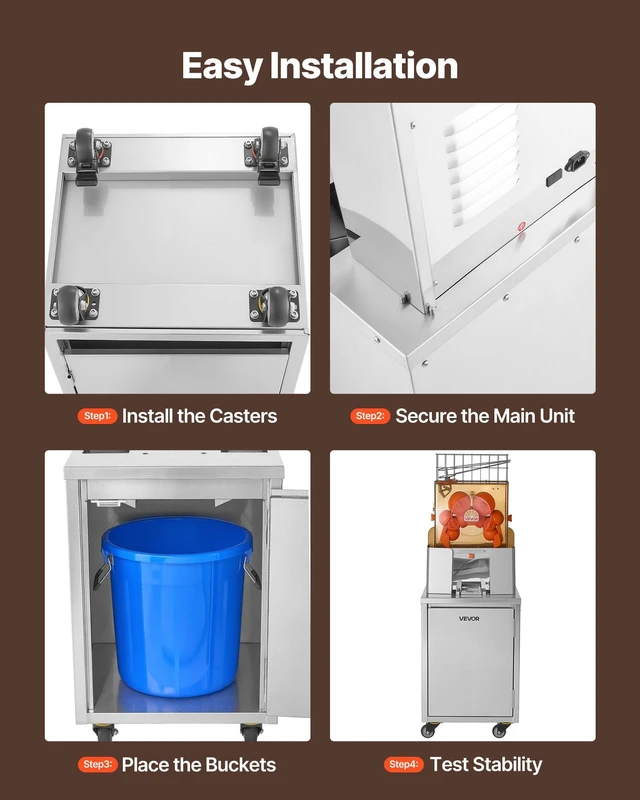 Alt view image 6 of 8 - VEVOR Movable Base Cabinet for Orange Juicer, Thickened Stainless Steel, 4 Swivel Casters, Compatible with VEVOR NS2000E-2\NS2000E-2T\NS2000E-3 Semi-Automatic Feed Orange Juicer, Easy Installation