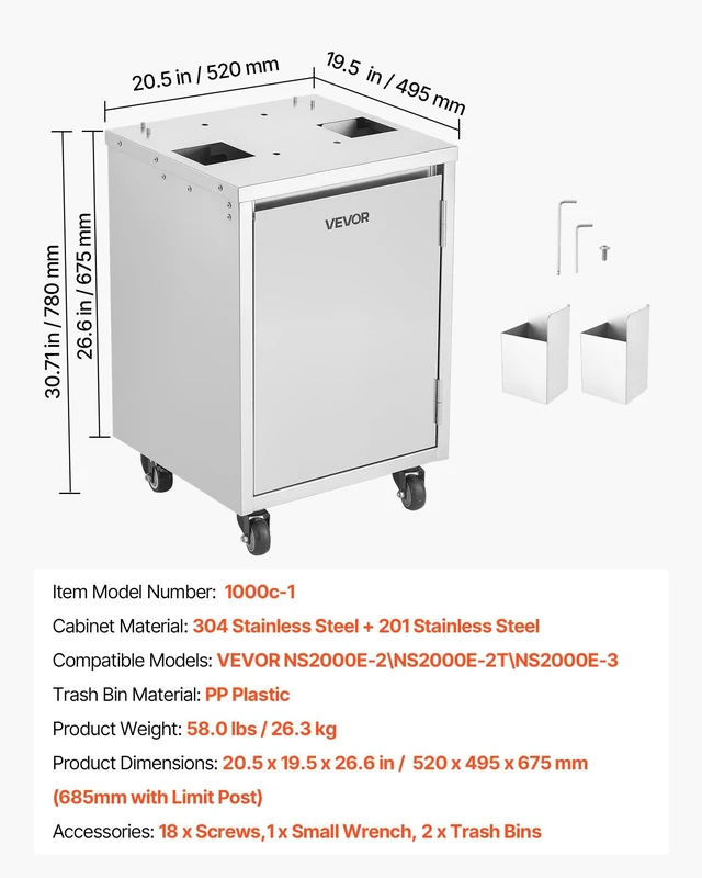 Alt view image 7 of 8 - VEVOR Movable Base Cabinet for Orange Juicer, Thickened Stainless Steel, 4 Swivel Casters, Compatible with VEVOR NS2000E-2\NS2000E-2T\NS2000E-3 Semi-Automatic Feed Orange Juicer, Easy Installation