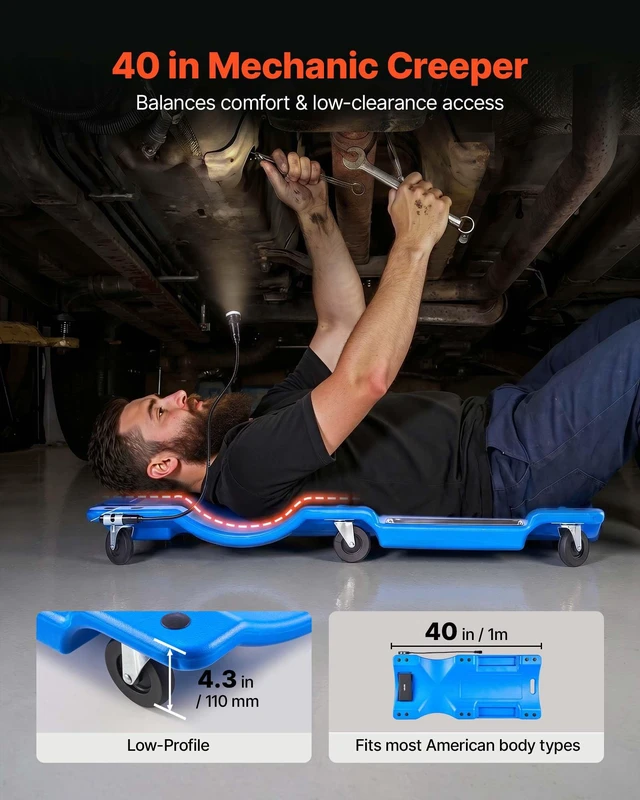 Alt view image 2 of 8 - VEVOR 40 in Mechanic Creeper with LED Light, Low Profile Plastic Garage Creeper, 350 lbs Under Car Rolling Creeper with 6 Swivel Casters, Padded Headrest & Tool Trays for Auto Repair