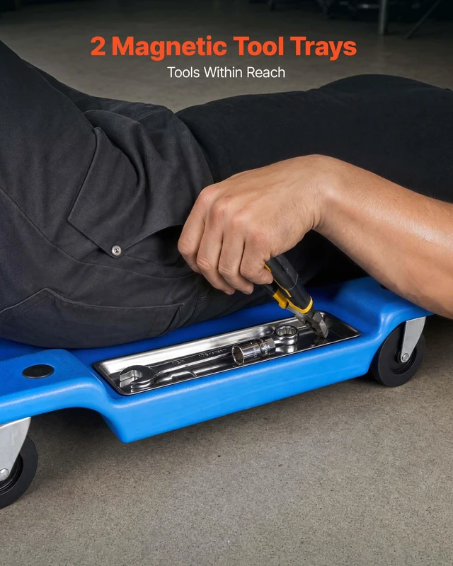 Alt view image 5 of 8 - VEVOR 40 in Mechanic Creeper with LED Light, Low Profile Plastic Garage Creeper, 350 lbs Under Car Rolling Creeper with 6 Swivel Casters, Padded Headrest & Tool Trays for Auto Repair