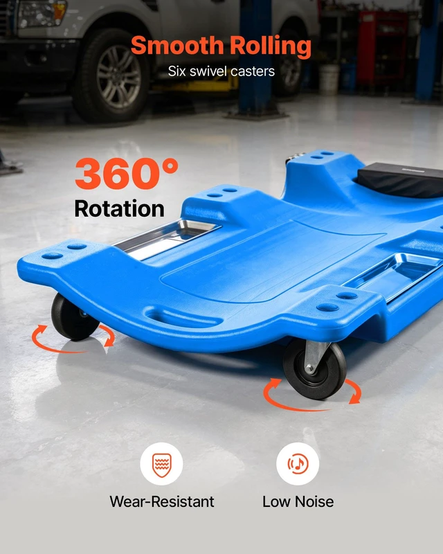 Alt view image 6 of 8 - VEVOR 40 in Mechanic Creeper with LED Light, Low Profile Plastic Garage Creeper, 350 lbs Under Car Rolling Creeper with 6 Swivel Casters, Padded Headrest & Tool Trays for Auto Repair