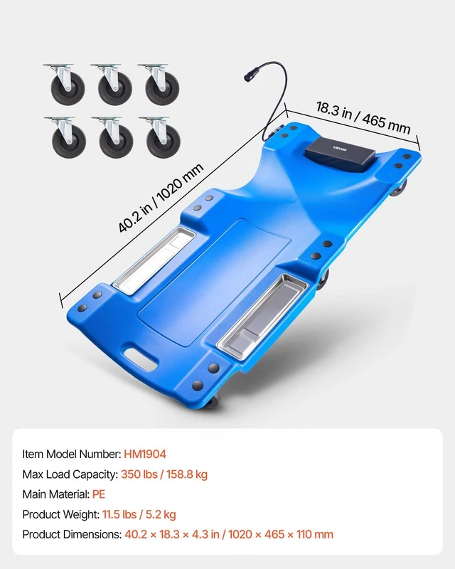 Alt view image 7 of 8 - VEVOR 40 in Mechanic Creeper with LED Light, Low Profile Plastic Garage Creeper, 350 lbs Under Car Rolling Creeper with 6 Swivel Casters, Padded Headrest & Tool Trays for Auto Repair