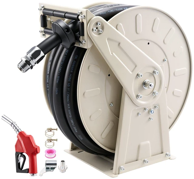 Main image of VEVOR Fuel Hose Reel, 1 inch x 50 ft Retractable, Spring Driven Auto Swivel Rewind, 300 PSI, Heavy-Duty Carbon Steel Construction with Industrial Grade Rubber Hose, for Diesel Fuel, Kerosene