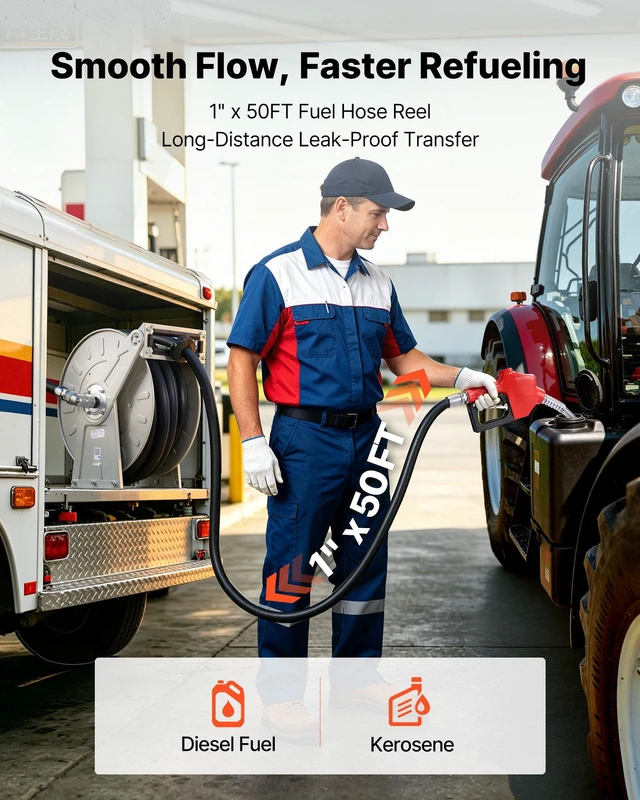 Alt view image 2 of 8 - VEVOR Fuel Hose Reel, 1 inch x 50 ft Retractable, Spring Driven Auto Swivel Rewind, 300 PSI, Heavy-Duty Carbon Steel Construction with Industrial Grade Rubber Hose, for Diesel Fuel, Kerosene