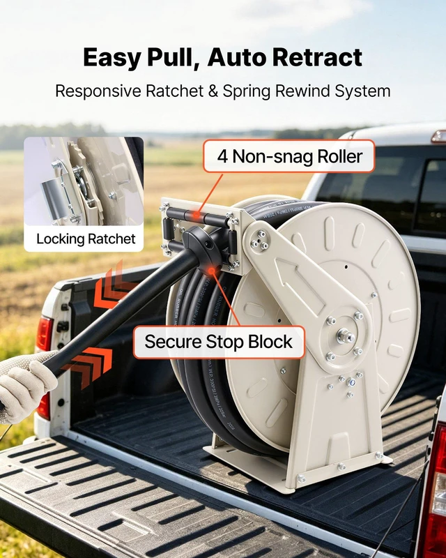Alt view image 4 of 8 - VEVOR Fuel Hose Reel, 1 inch x 50 ft Retractable, Spring Driven Auto Swivel Rewind, 300 PSI, Heavy-Duty Carbon Steel Construction with Industrial Grade Rubber Hose, for Diesel Fuel, Kerosene