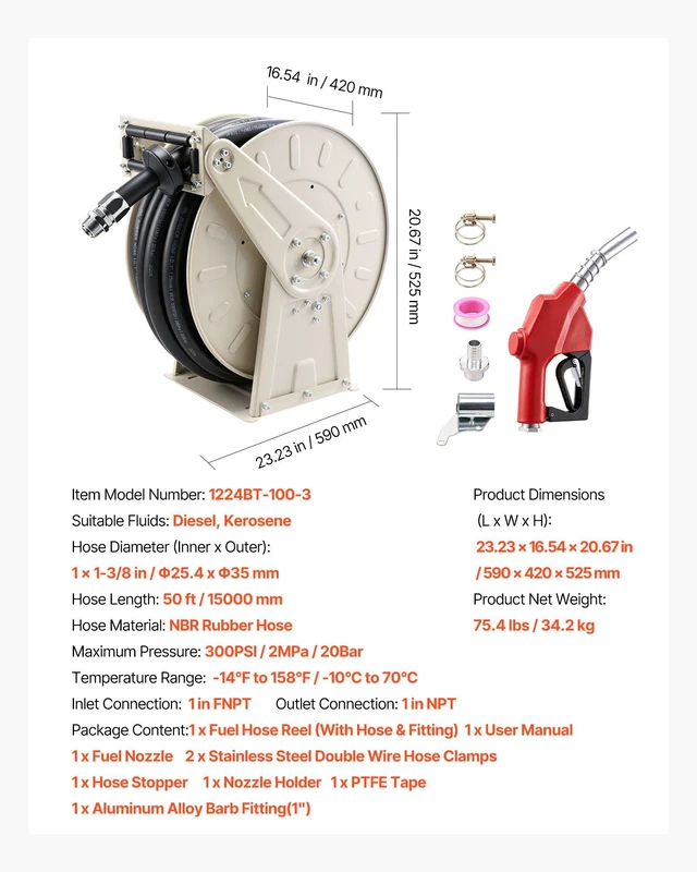 Alt view image 7 of 8 - VEVOR Fuel Hose Reel, 1 inch x 50 ft Retractable, Spring Driven Auto Swivel Rewind, 300 PSI, Heavy-Duty Carbon Steel Construction with Industrial Grade Rubber Hose, for Diesel Fuel, Kerosene