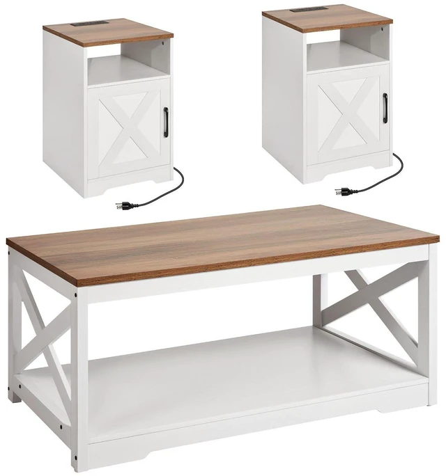 Main image of VEVOR 3 Pieces Farmhouse Coffee Table Sets, 40 in Industrial Coffee Table with 2 End Side Tables, Easy Assembly Coffee and End Tables Sets with Charging Station, for Office, Living Room & Apartment