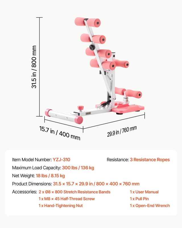 Alt view image 7 of 8 - VEVOR Deep Squat Machine, Adjustable Glutes Trainer Machine with 3 High-Strength Resistance Bands, Folding Core Leg and Glutes Exercise Trainer, Push Up Workout Equipment at Home Gym, Pink + White