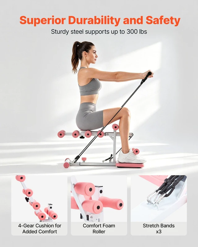 Alt view image 3 of 8 - VEVOR Deep Squat Machine, Adjustable Glutes Trainer Machine with 3 High-Strength Resistance Bands, Folding Core Leg and Glutes Exercise Trainer, Push Up Workout Equipment at Home Gym, Pink + White