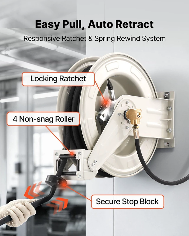 Alt view image 4 of 8 - VEVOR Grease Hose Reel, 1/4 in x 50 ft Retractable, Spring Driven Auto Swivel Rewind, Max 10152 PSI, Heavy-Duty Carbon Steel Construction with Steel Wire Braided Hose, for Lube, Grease, Hydraulic Oil