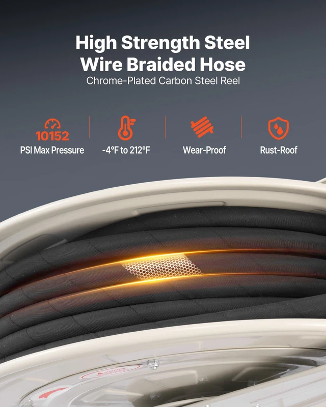 Alt view image 3 of 8 - VEVOR Grease Hose Reel, 1/4 in x 50 ft Retractable, Spring Driven Auto Swivel Rewind, Max 10152 PSI, Heavy-Duty Carbon Steel Construction with Steel Wire Braided Hose, for Lube, Grease, Hydraulic Oil