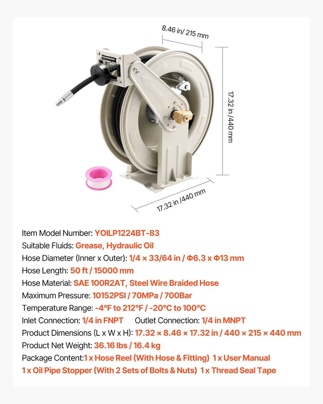 Alt view image 7 of 8 - VEVOR Grease Hose Reel, 1/4 in x 50 ft Retractable, Spring Driven Auto Swivel Rewind, Max 10152 PSI, Heavy-Duty Carbon Steel Construction with Steel Wire Braided Hose, for Lube, Grease, Hydraulic Oil