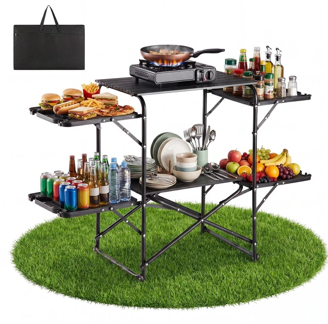 Main image of VEVOR Camping Kitchen Table, Slim-Fold Cook Station, Portable Folding Table, with 4 Side Tables, Heat Resistant Tabletop, and Carrying Bag, Ideal for Outdoor Picnics, BBQs, Camping, RV Traveling