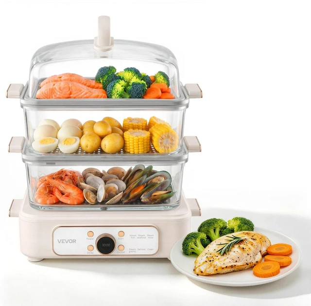 Main image of VEVOR Electric Food Steamer 10.6 QT Glass with 3-Tier Stainless Steel Trays, 1200W Vegetable Steamer for Cooking, 2-4 Servings, Pre-Programmed Settings, Delay Start, for Veggies, Seafood & Rice, White