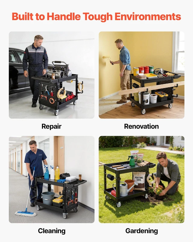 Alt view image 5 of 8 - VEVOR Utility Cart, 550 lbs Capacity, 2 Tier Service Cart with 360° Swivel & Fixed Wheels (2 with Brakes), Heavy Duty Plastic Rolling with Tray and Pegboard, Tool Storage for Garage Warehouse, Black