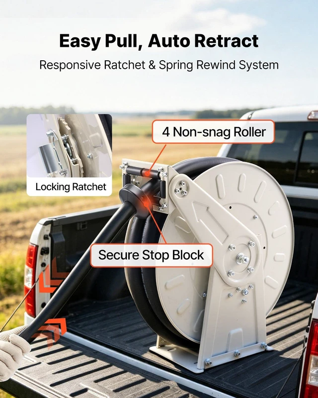 Alt view image 4 of 8 - VEVOR Fuel Hose Reel, 1 inch x 33 ft Retractable, Spring Driven Auto Swivel Rewind, 300 PSI, Heavy-Duty Carbon Steel Construction with Industrial Grade Rubber Hose, for Diesel Fuel, Kerosene