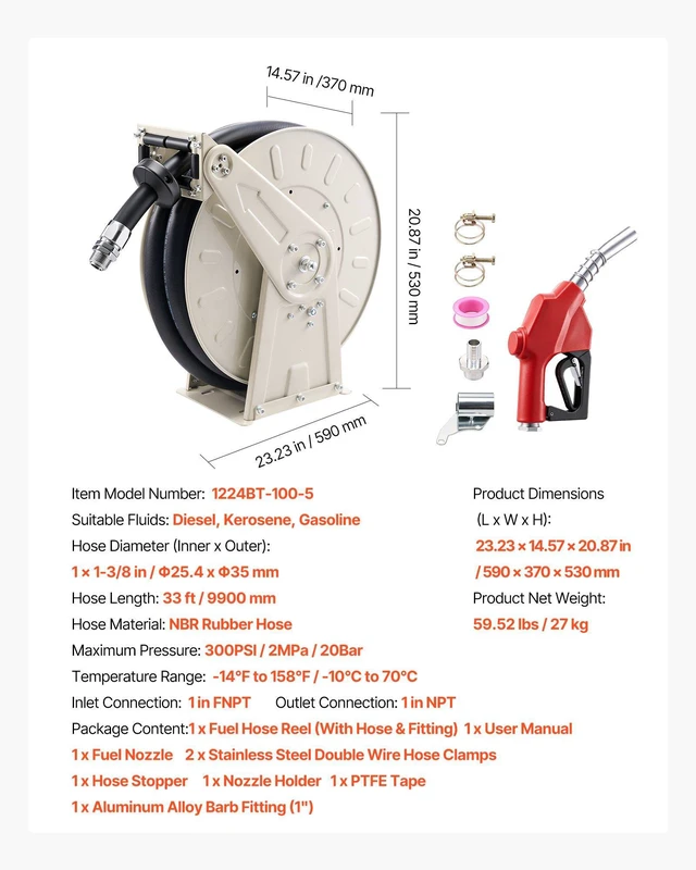 Alt view image 7 of 8 - VEVOR Fuel Hose Reel, 1 inch x 33 ft Retractable, Spring Driven Auto Swivel Rewind, 300 PSI, Heavy-Duty Carbon Steel Construction with Industrial Grade Rubber Hose, for Diesel Fuel, Kerosene