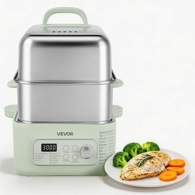 Main image of VEVOR Electric Food Steamer 13.7 QT 2-Tier Stainless Steel for 3-6 Servings, 1500W Vegetable & Meal Steamer for Cooking with 9 Pre-Programmed Settings, Keep Warm, for Veggies, Seafood & Rice, Green