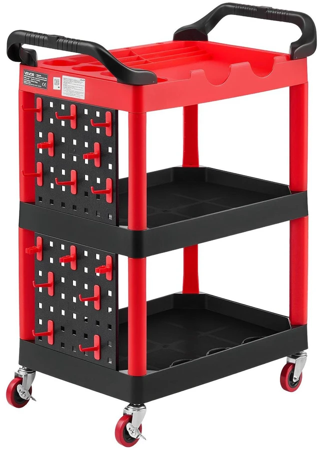 Main image of VEVOR Utility Cart, 300 lbs Capacity, 3 Tier Service Cart with 360° Swivel Wheels (2 with Brakes), Heavy Duty Plastic Rolling with Trays and Pegboards, Tool Storage for Garage, Warehouse & Repair Shop