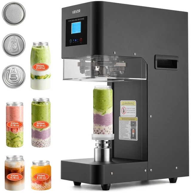 Main image of VEVOR Can Sealer Machine, Automatic Commercial Soda Can Sealing Machine for 2.17 in (55 mm) Aluminum and Plastic Cans, Height Adjustable, Steel Housing Beverage Drink Seamer, for Coffee Shop, Black