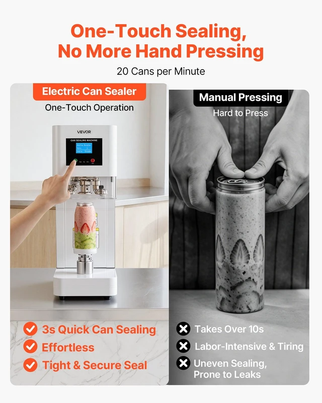 Alt view image 3 of 8 - VEVOR Can Sealer Machine, Automatic Commercial Soda Can Sealing Machine for 2.17 in (55 mm) Aluminum and Plastic Cans, Height Adjustable, Steel Housing Beverage Drink Seamer, for Coffee Shop, White