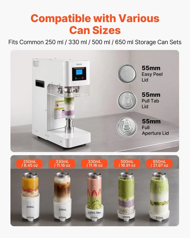 Alt view image 4 of 8 - VEVOR Can Sealer Machine, Automatic Commercial Soda Can Sealing Machine for 2.17 in (55 mm) Aluminum and Plastic Cans, Height Adjustable, Steel Housing Beverage Drink Seamer, for Coffee Shop, White