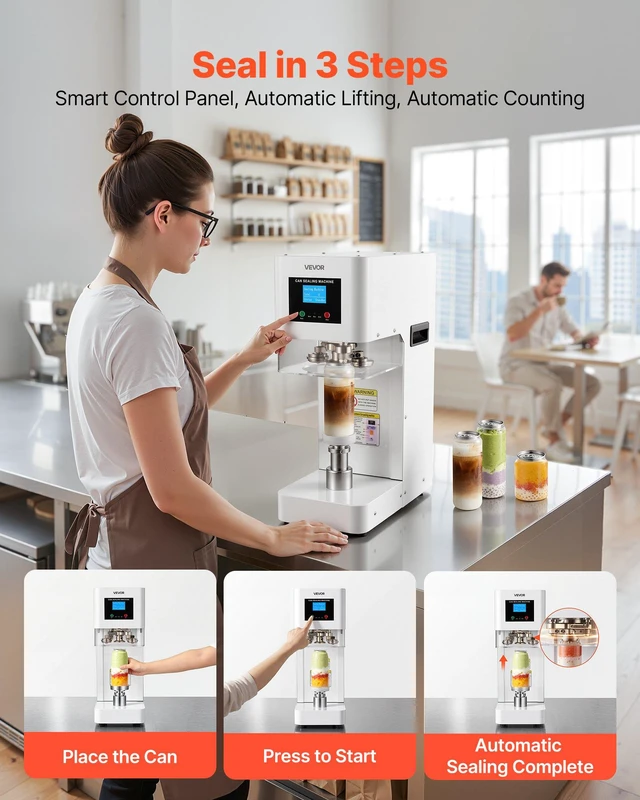 Alt view image 5 of 8 - VEVOR Can Sealer Machine, Automatic Commercial Soda Can Sealing Machine for 2.17 in (55 mm) Aluminum and Plastic Cans, Height Adjustable, Steel Housing Beverage Drink Seamer, for Coffee Shop, White
