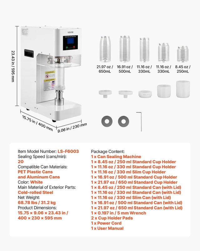 Alt view image 7 of 8 - VEVOR Can Sealer Machine, Automatic Commercial Soda Can Sealing Machine for 2.17 in (55 mm) Aluminum and Plastic Cans, Height Adjustable, Steel Housing Beverage Drink Seamer, for Coffee Shop, White