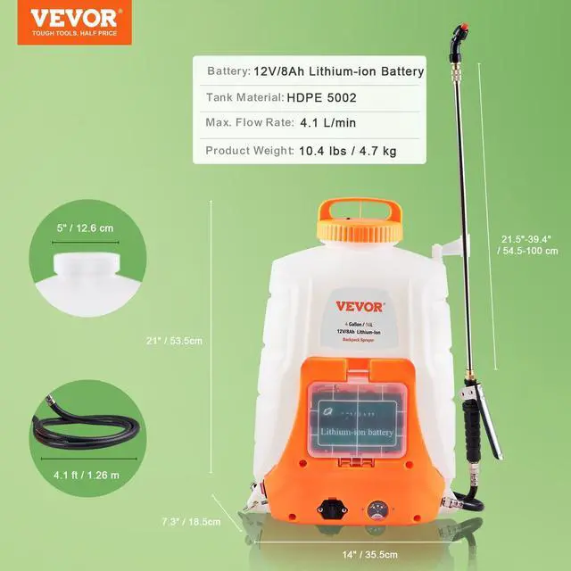 Alt view image 6 of 8 - VEVOR Battery Powered Backpack Sprayer ,4 Gal Tank, 0-90 PSI Adjustable Pressure,Back Pack Sprayer with 8 Nozzles and 2 Wands, 12V 8Ah Battery, Wide Mouth Lid for Weeding, Spraying, Cleaning
